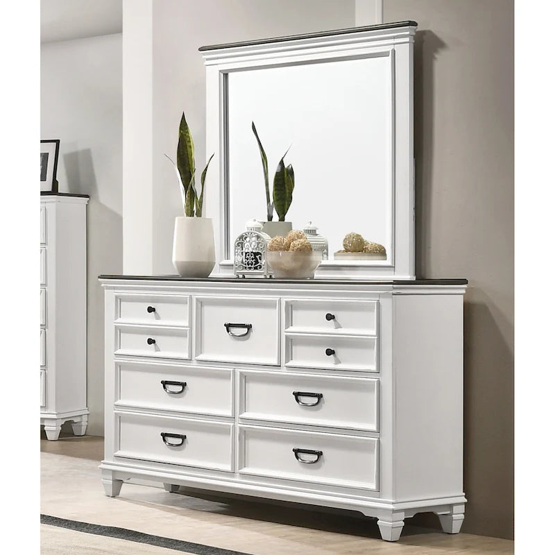 Commode 7 tiroirs avec miroir – Blanc antique / Bleu ardoise