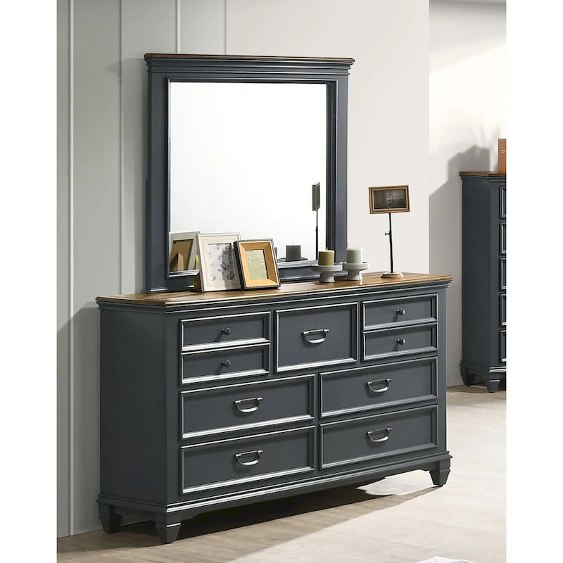 Commode 7 tiroirs avec miroir – Blanc antique / Bleu ardoise