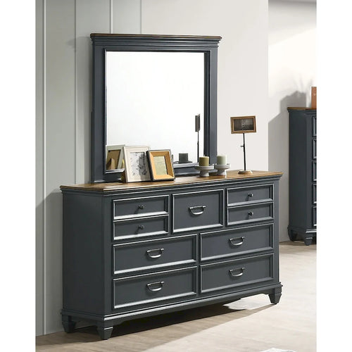 Commode 7 tiroirs avec miroir – Blanc antique / Bleu ardoise