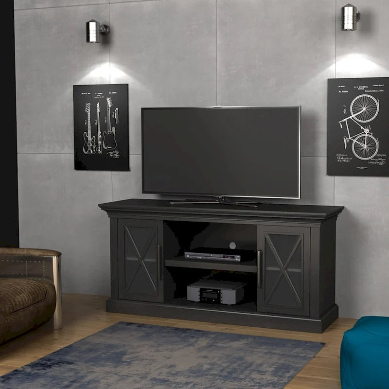 Meuble TV noir avec portes en verre, convient aux téléviseurs jusqu'à 65 po