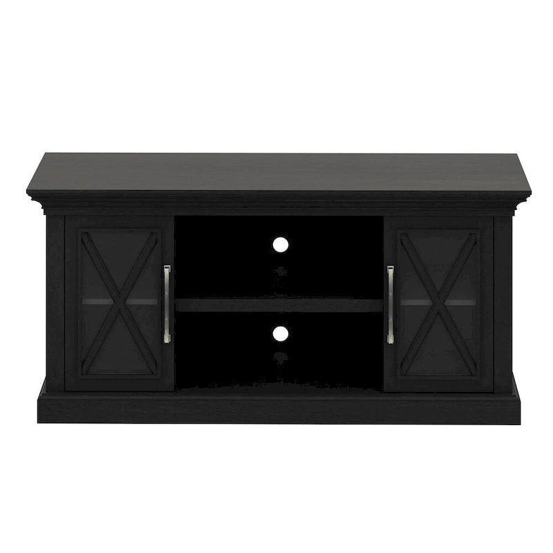 Meuble TV noir avec portes en verre, convient aux téléviseurs jusqu'à 65 po