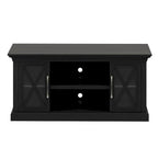 Meuble TV noir avec portes en verre, convient aux téléviseurs jusqu'à 65 po