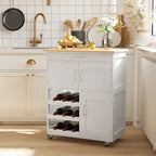 Chariot de cuisine roulant en bois blanc avec tiroir, porte-bouteilles et placards