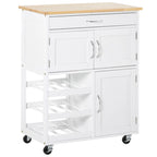 Chariot de cuisine roulant en bois blanc avec tiroir, porte-bouteilles et placards