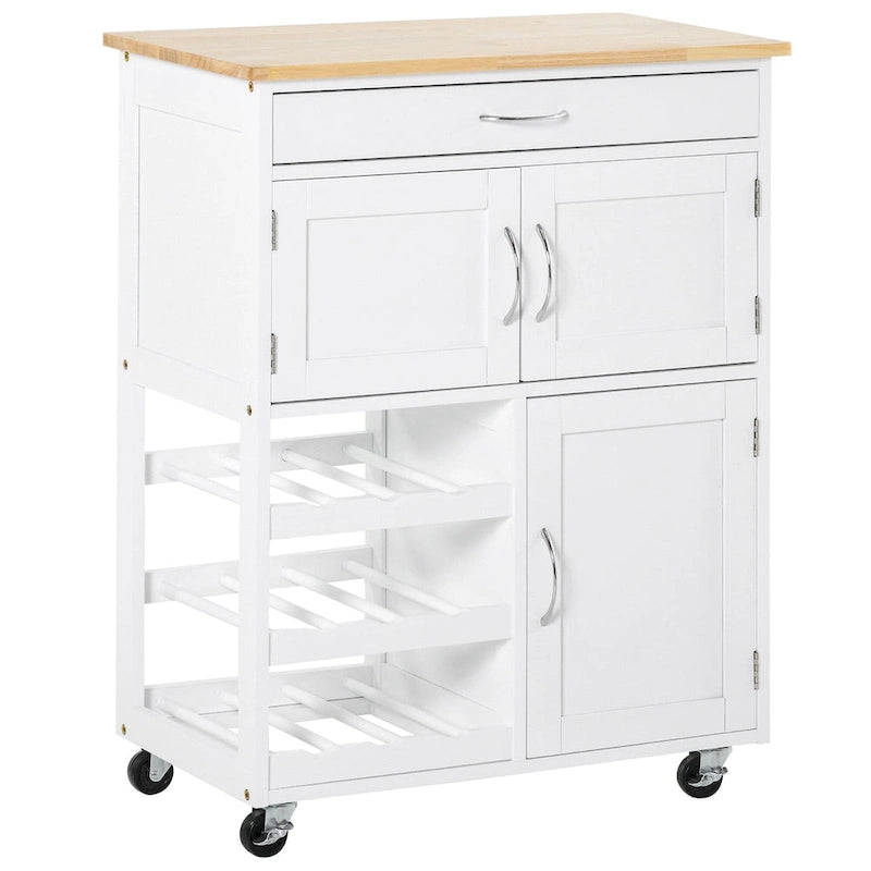 Chariot de cuisine roulant en bois blanc avec tiroir, porte-bouteilles et placards