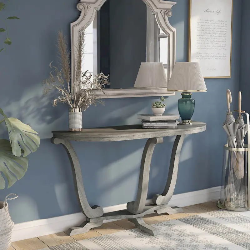 Console demi-ovale en chêne gris vintage, 48 po L x 16 po P x 29 po H