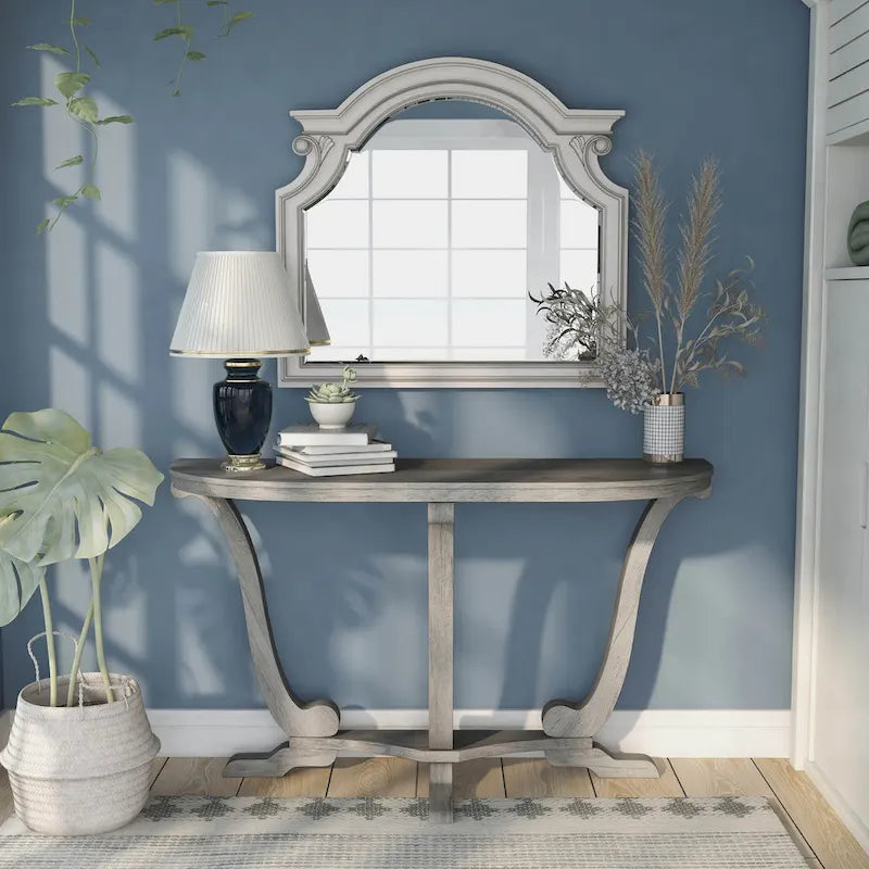 Console demi-ovale en chêne gris vintage, 48 po L x 16 po P x 29 po H
