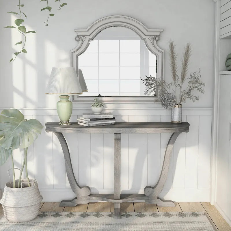 Console demi-ovale en chêne gris vintage, 48 po L x 16 po P x 29 po H
