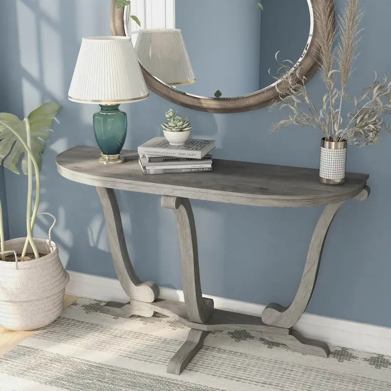 Console demi-ovale en chêne gris vintage, 48 po L x 16 po P x 29 po H