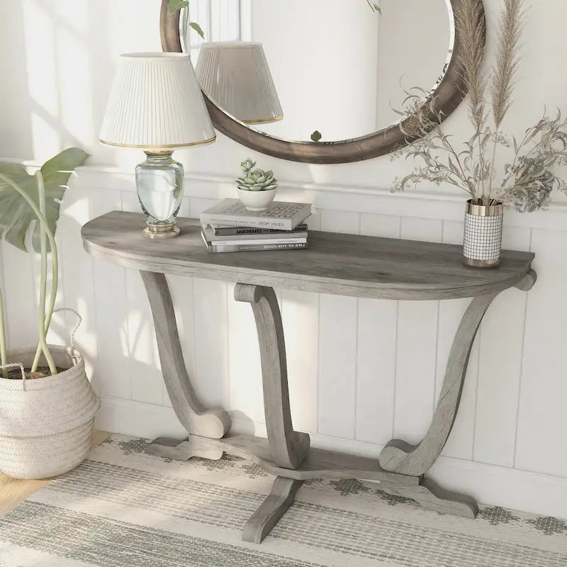 Console demi-ovale en chêne gris vintage, 48 po L x 16 po P x 29 po H