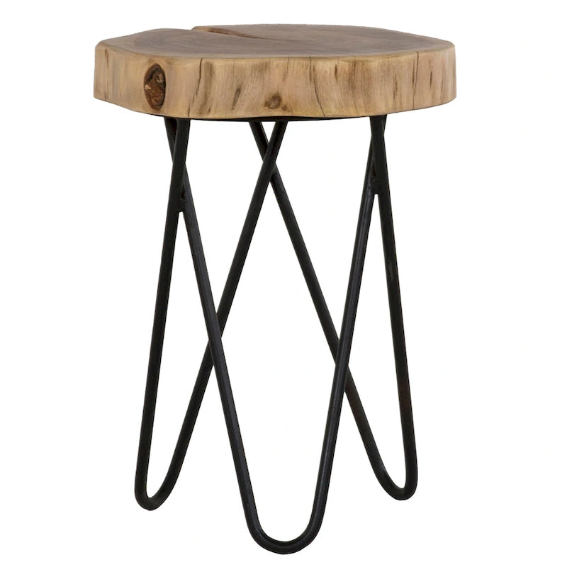 Table d'appoint ronde avec plateau à bords naturels marron/noir – Plateau en bois, pieds en métal noir, 1 personne