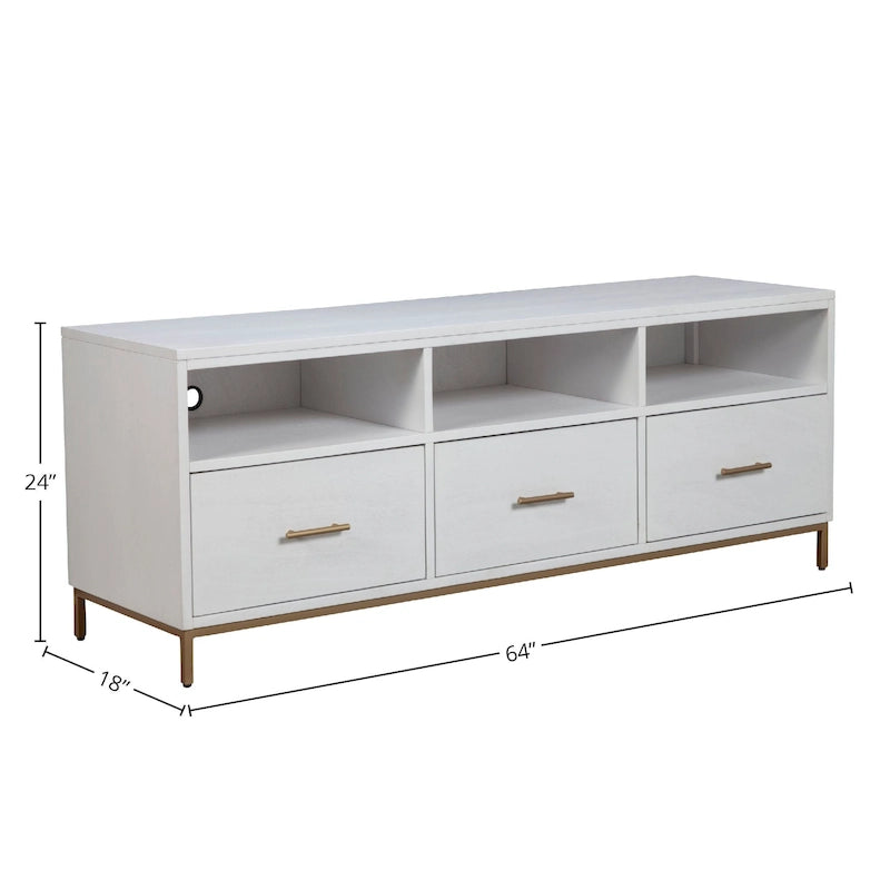 Meuble TV blanc en bois, 3 tiroirs, supporte une TV jusqu'à 70", 1 personne