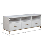 Meuble TV blanc en bois, 3 tiroirs, supporte une TV jusqu'à 70", 1 personne