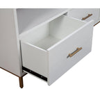 Meuble TV blanc en bois, 3 tiroirs, supporte une TV jusqu'à 70", 1 personne
