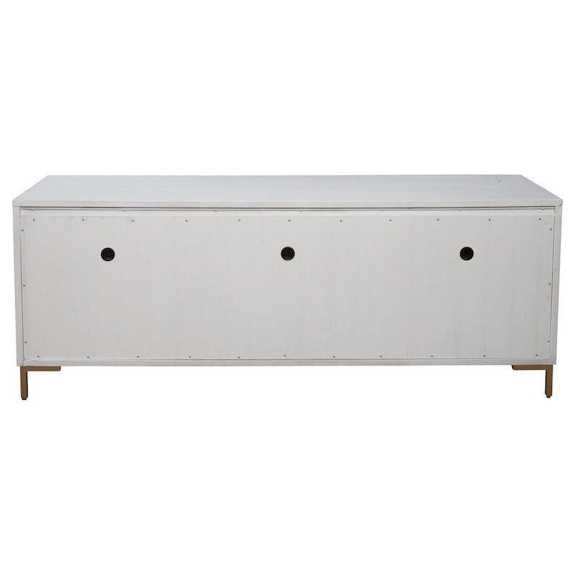 Meuble TV blanc en bois, 3 tiroirs, supporte une TV jusqu'à 70", 1 personne