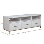 Meuble TV blanc en bois, 3 tiroirs, supporte une TV jusqu'à 70", 1 personne