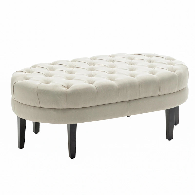 Pouf cocktail ovale capitonné beige/bleu avec pieds en bois d'hévéa, 1 place