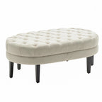 Pouf cocktail ovale capitonné beige/bleu avec pieds en bois d'hévéa, 1 place