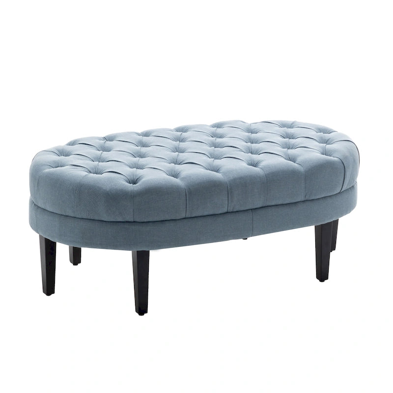 Pouf cocktail ovale capitonné beige/bleu avec pieds en bois d'hévéa, 1 place