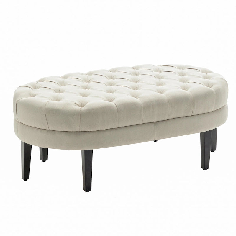 Pouf cocktail ovale capitonné beige/bleu avec pieds en bois d'hévéa, 1 place