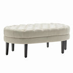 Pouf cocktail ovale capitonné beige/bleu avec pieds en bois d'hévéa, 1 place