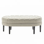 Pouf cocktail ovale capitonné beige/bleu avec pieds en bois d'hévéa, 1 place