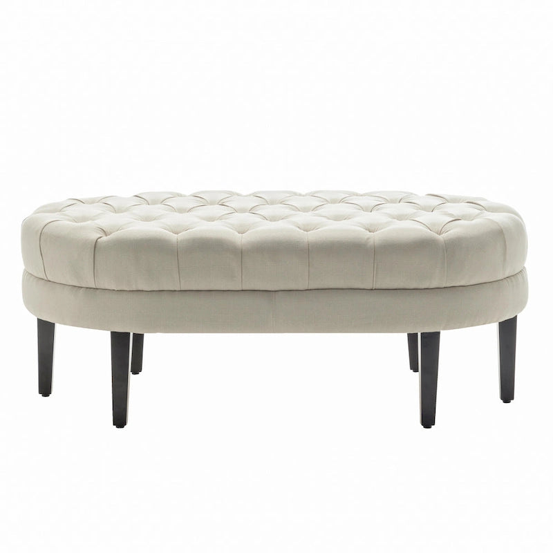 Pouf cocktail ovale capitonné beige/bleu avec pieds en bois d'hévéa, 1 place