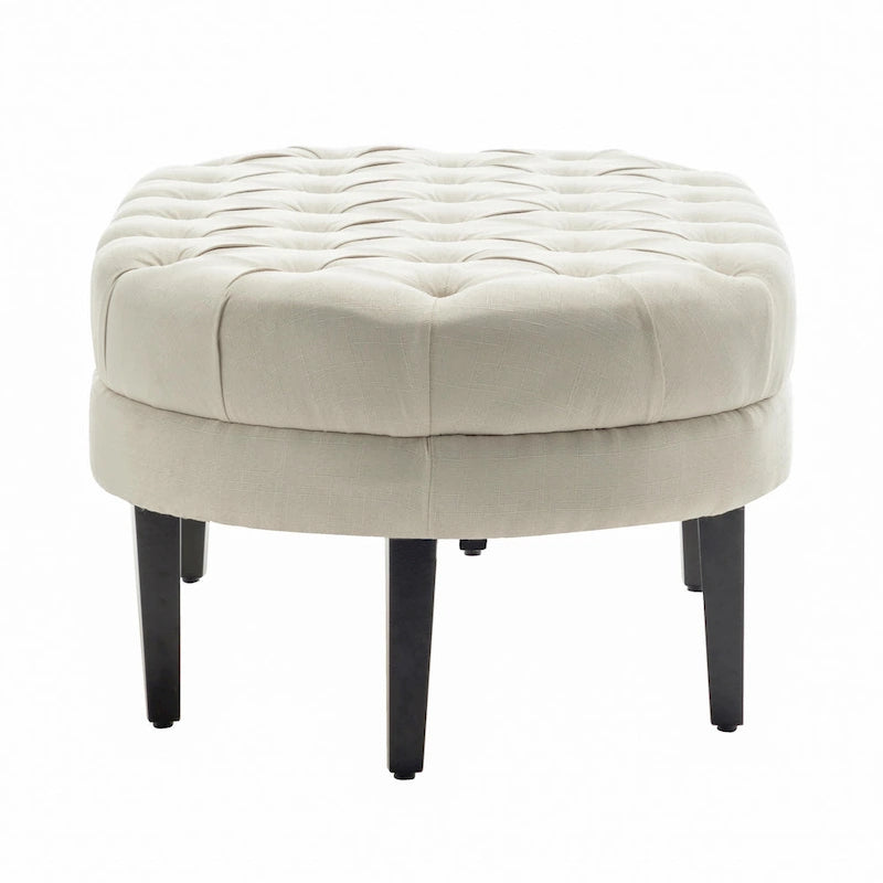 Pouf cocktail ovale capitonné beige/bleu avec pieds en bois d'hévéa, 1 place