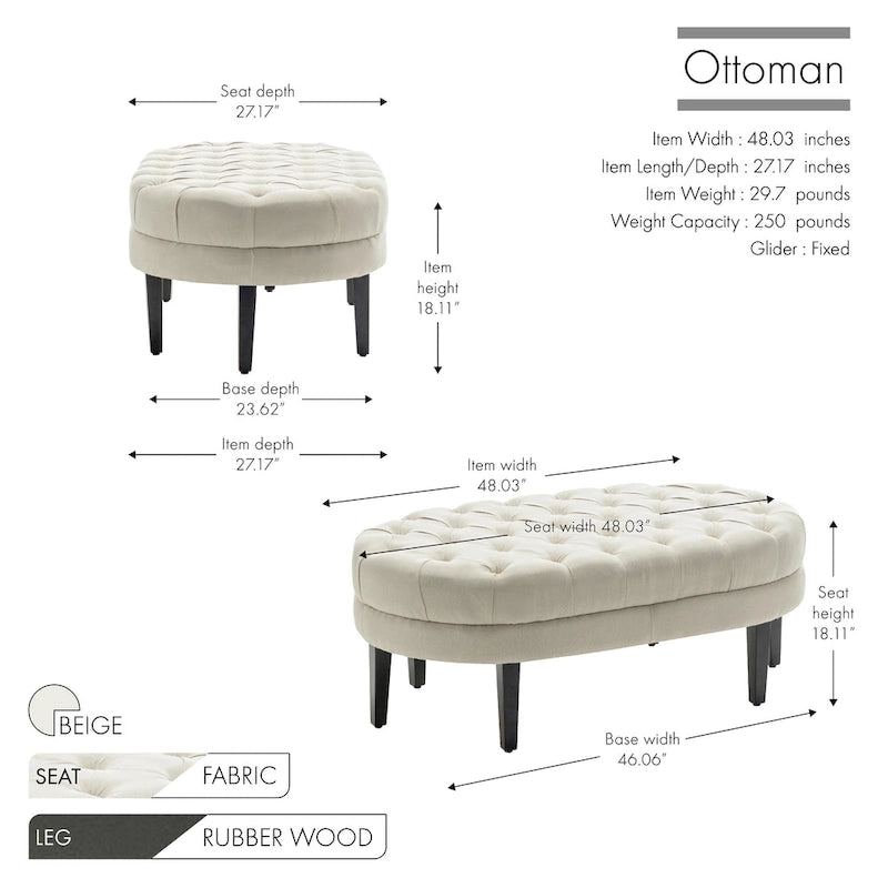 Pouf cocktail ovale capitonné beige/bleu avec pieds en bois d'hévéa, 1 place