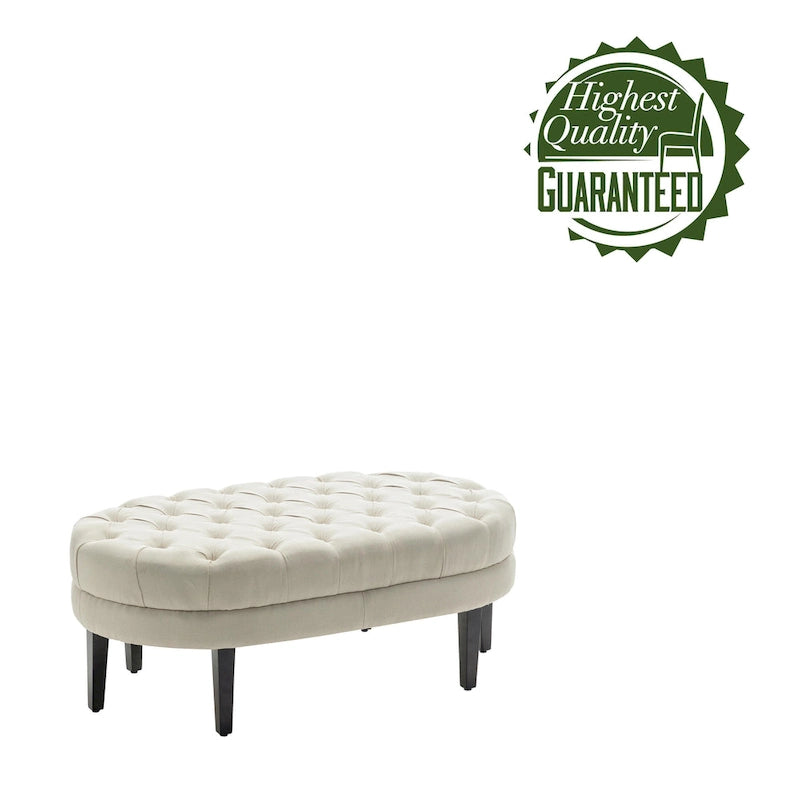 Pouf cocktail ovale capitonné beige/bleu avec pieds en bois d'hévéa, 1 place