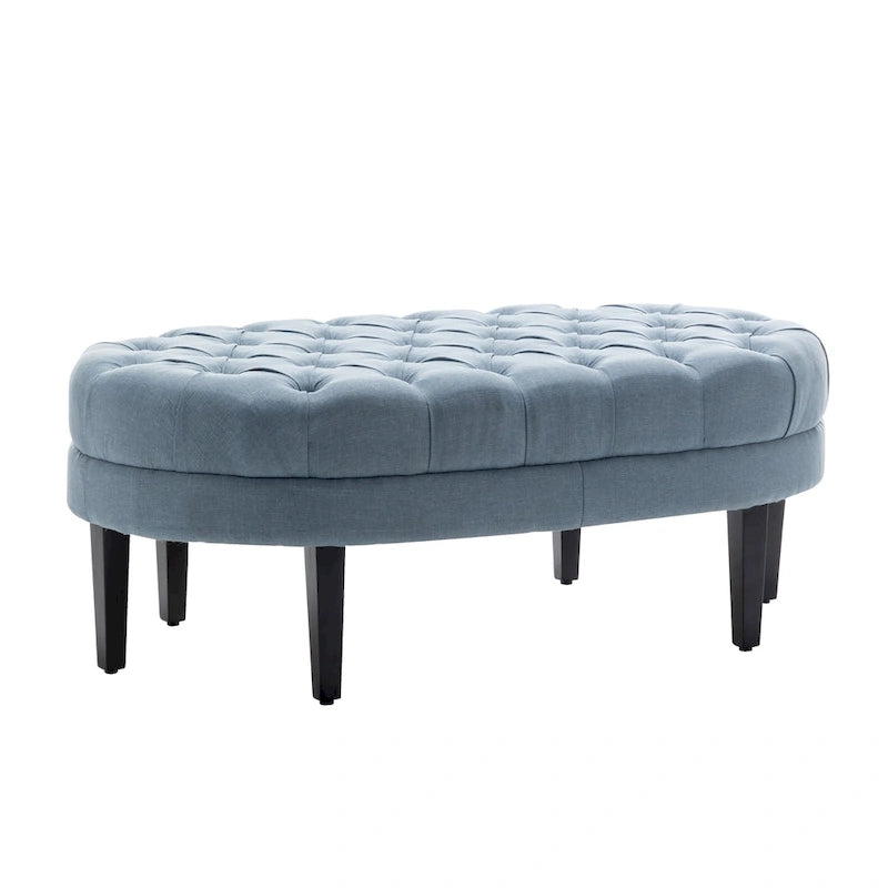 Pouf cocktail ovale capitonné beige/bleu avec pieds en bois d'hévéa, 1 place