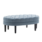 Pouf cocktail ovale capitonné beige/bleu avec pieds en bois d'hévéa, 1 place