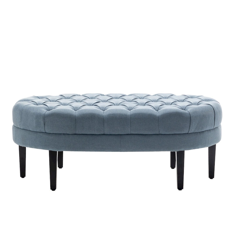 Pouf cocktail ovale capitonné beige/bleu avec pieds en bois d'hévéa, 1 place