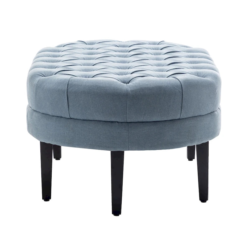 Pouf cocktail ovale capitonné beige/bleu avec pieds en bois d'hévéa, 1 place