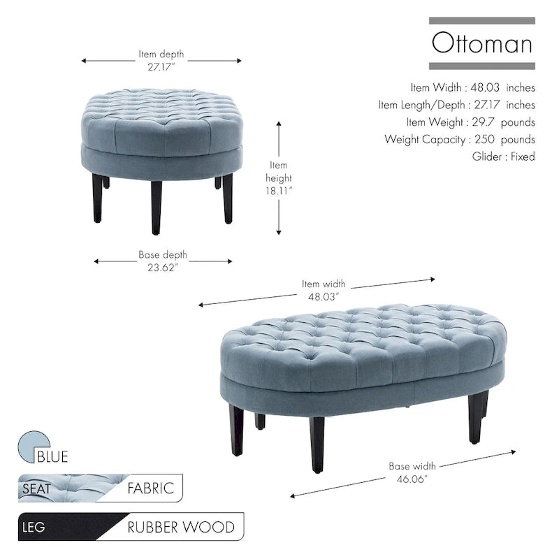Pouf cocktail ovale capitonné beige/bleu avec pieds en bois d'hévéa, 1 place