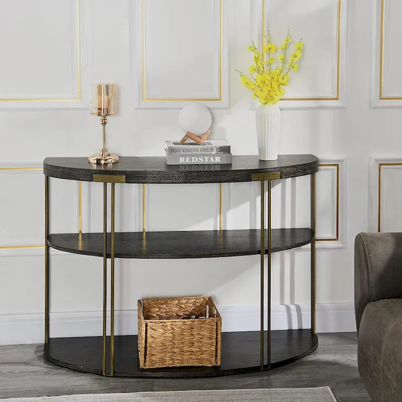Table ronde à 2 niveaux avec étagère de rangement – Naturel/Noir, Table d'entrée / Basse / d'appoint, 1 à 4 places assises