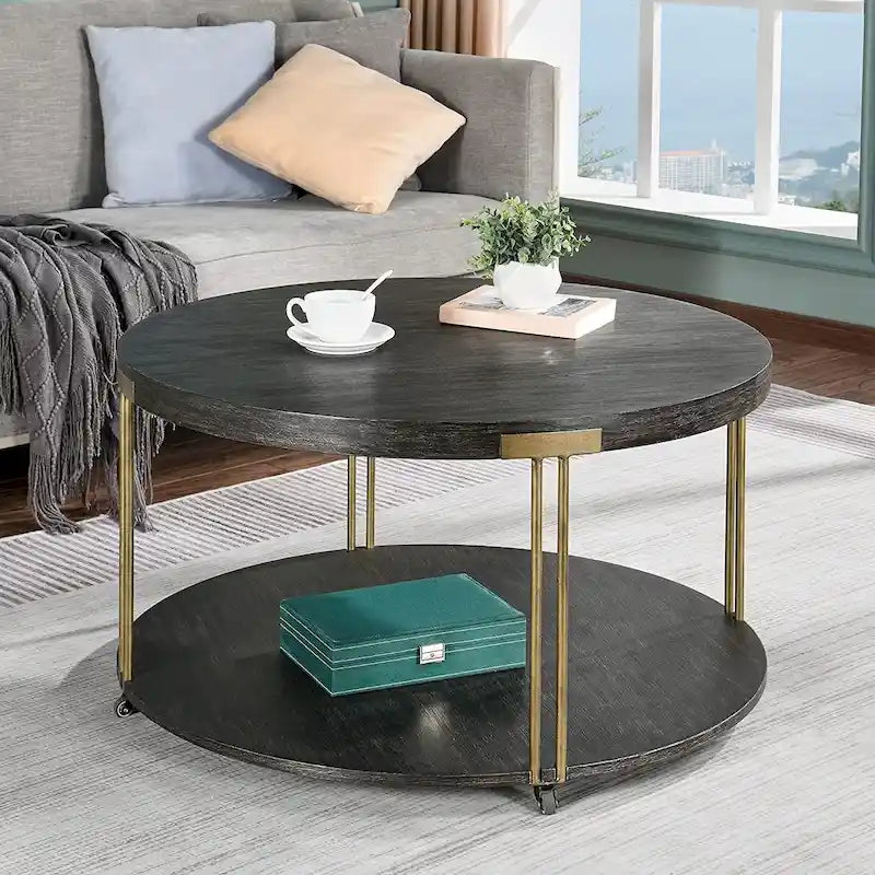 Table ronde à 2 niveaux avec étagère de rangement – Naturel/Noir, Table d'entrée / Basse / d'appoint, 1 à 4 places assises