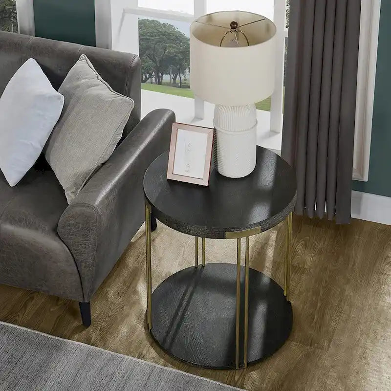 Table ronde à 2 niveaux avec étagère de rangement – Naturel/Noir, Table d'entrée / Basse / d'appoint, 1 à 4 places assises