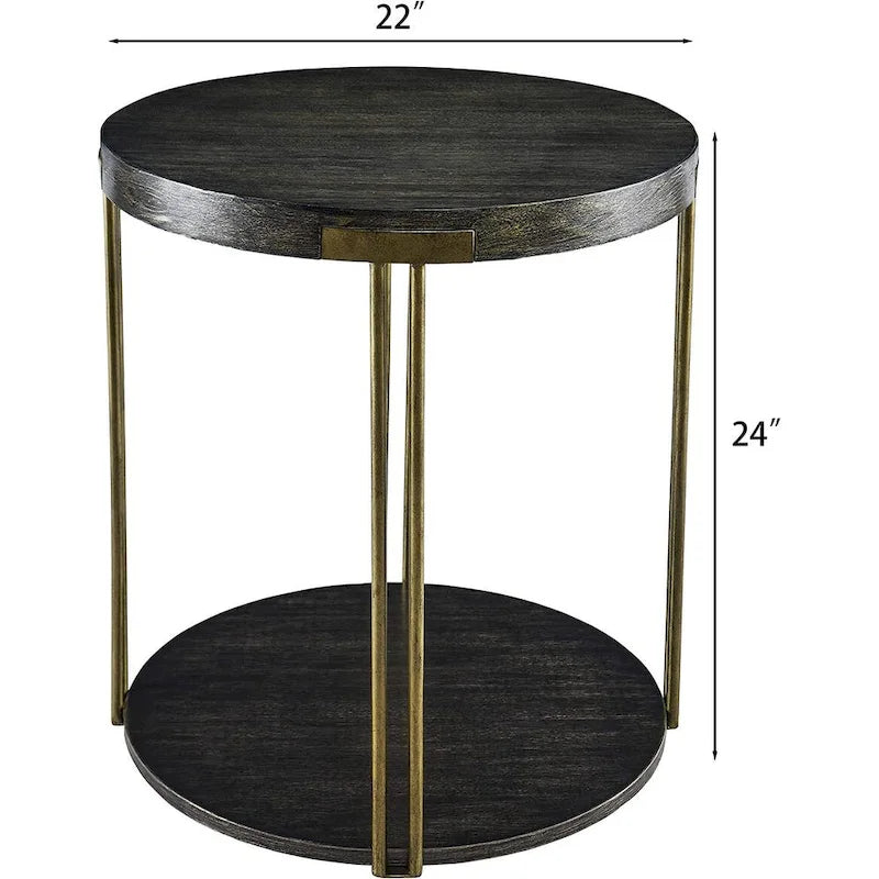 Table ronde à 2 niveaux avec étagère de rangement – Naturel/Noir, Table d'entrée / Basse / d'appoint, 1 à 4 places assises
