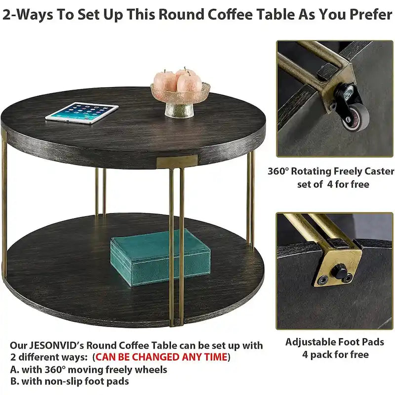 Table ronde à 2 niveaux avec étagère de rangement – Naturel/Noir, Table d'entrée / Basse / d'appoint, 1 à 4 places assises