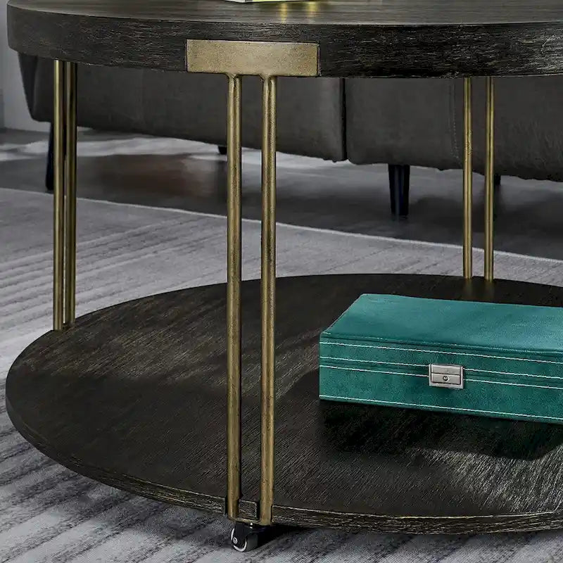 Table ronde à 2 niveaux avec étagère de rangement – Naturel/Noir, Table d'entrée / Basse / d'appoint, 1 à 4 places assises