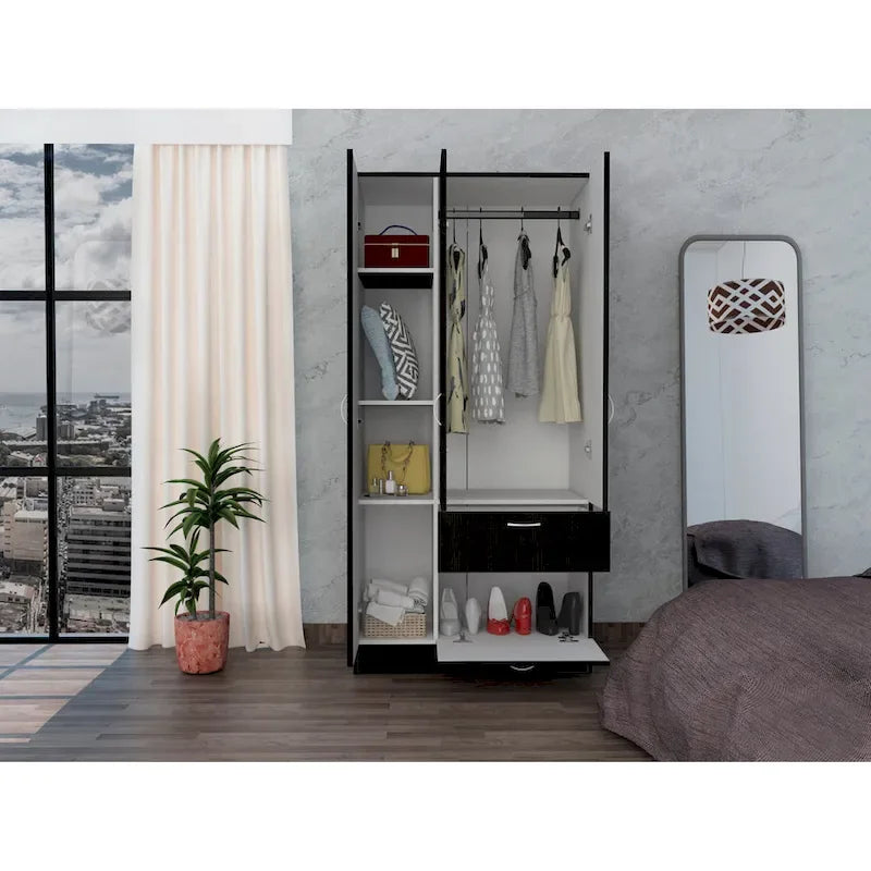Armoire penderie 2 portes 1 tiroir noire/blanche