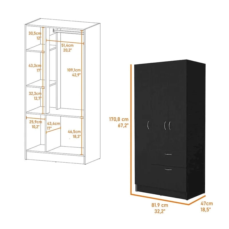 Armoire penderie 2 portes 1 tiroir noire/blanche