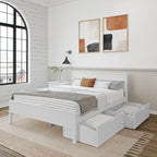 Lit queen-size blanc/argile avec tête de lit à panneaux et tiroirs de rangement – 2 places