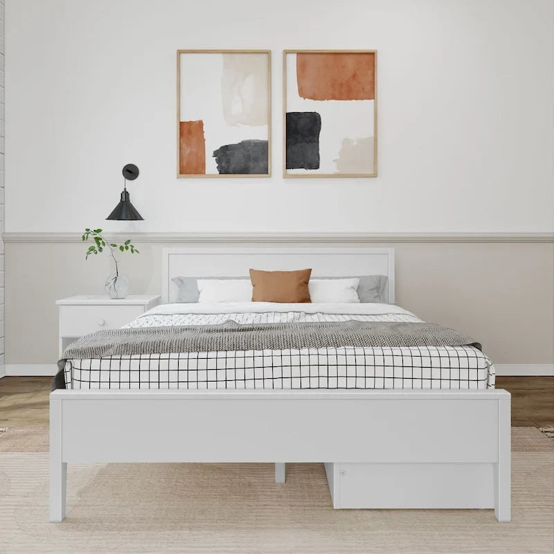 Lit queen-size blanc/argile avec tête de lit à panneaux et tiroirs de rangement – 2 places