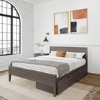 Lit queen-size blanc/argile avec tête de lit à panneaux et tiroirs de rangement – 2 places