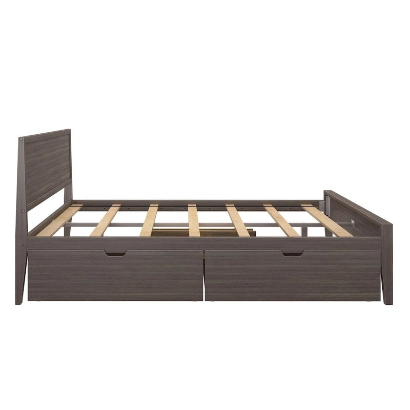 Lit queen-size blanc/argile avec tête de lit à panneaux et tiroirs de rangement – 2 places