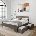 Lit queen-size blanc/argile avec tête de lit à panneaux et tiroirs de rangement – 2 places
