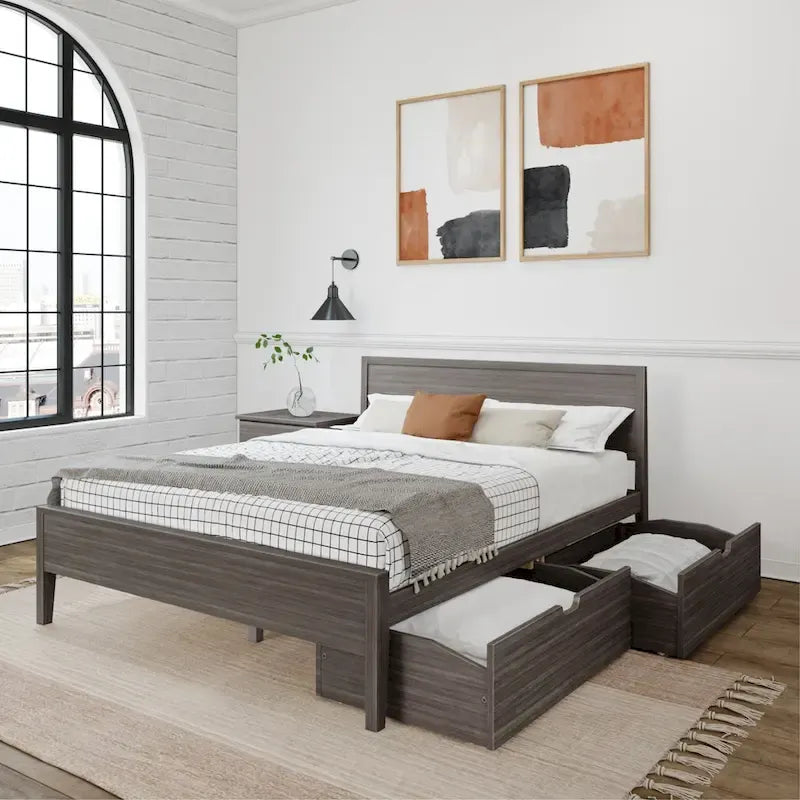 Lit queen-size blanc/argile avec tête de lit à panneaux et tiroirs de rangement – 2 places