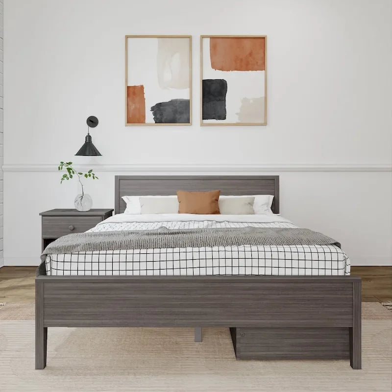 Lit queen-size blanc/argile avec tête de lit à panneaux et tiroirs de rangement – 2 places